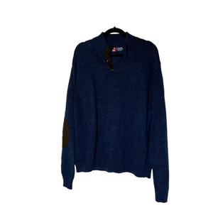 Chaps Blue Pullover 3/4 Brown Button‎ Collar  Elbow Patches Size XL